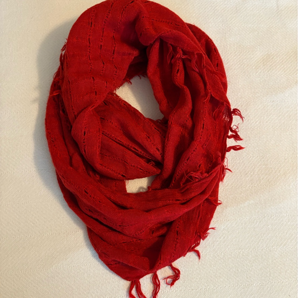 Soft Red Infinity Scarf with Tassels